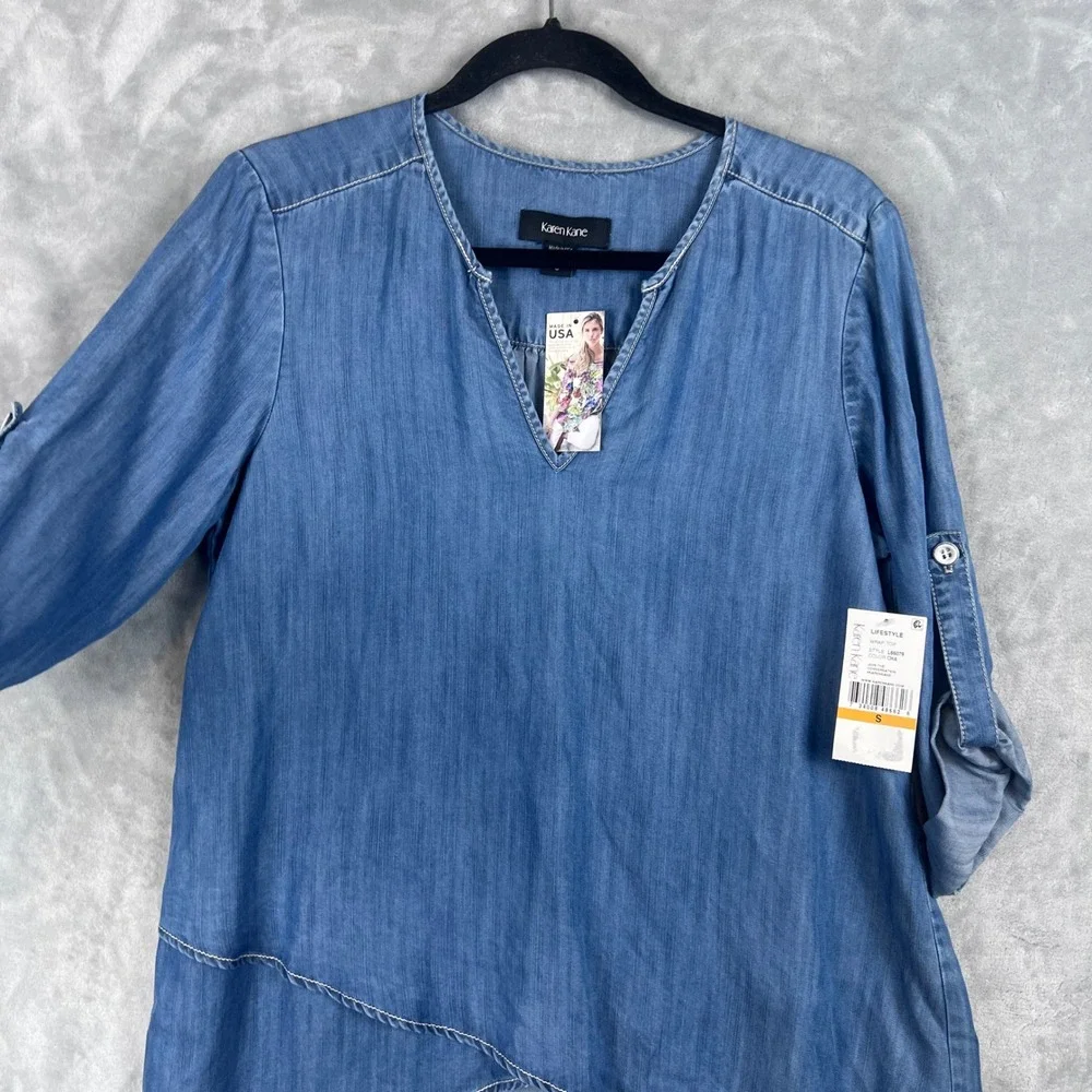 Karen Kane Women Top Lifestyle Chambray Wrap Blue Roll Tab Sleeve Small NWT